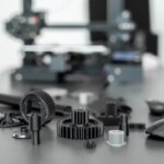 some 3d printed gears and other objects on a table with a 3d printer.
