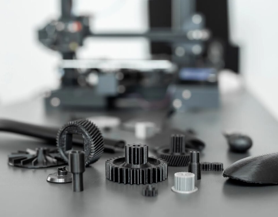 some 3d printed gears and other objects on a table with a 3d printer.