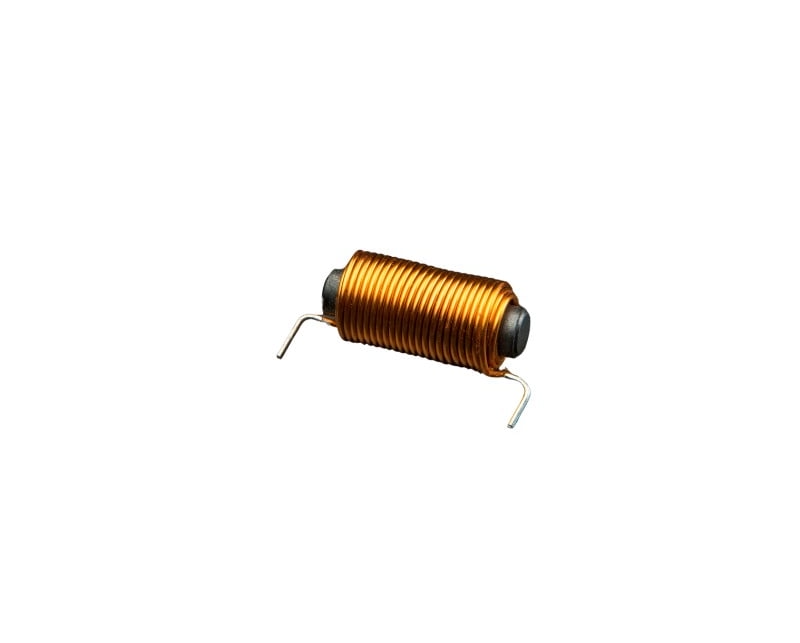 Axial lead inductor with copper wire wound around a ferrite core.